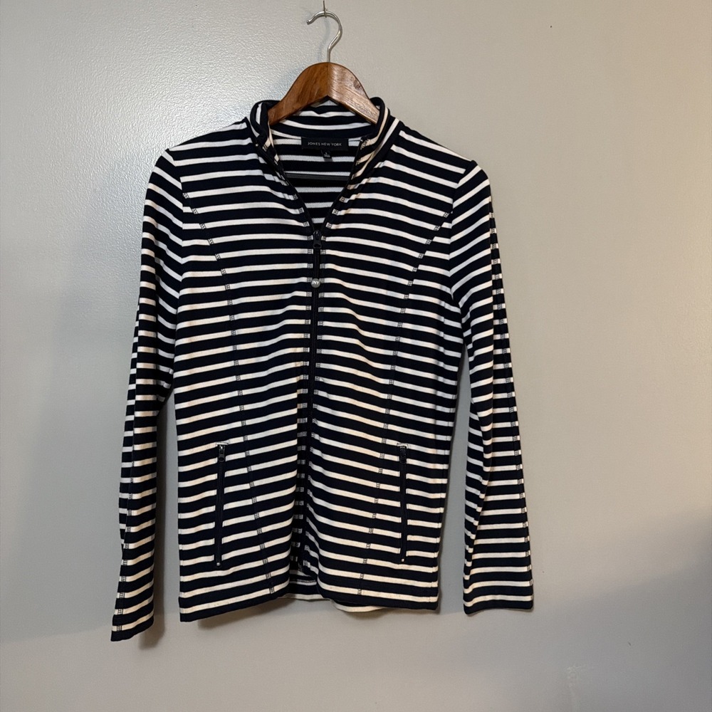 Jones New York Sz S Navy White Striped Athletic Lightweight Jacket Top Full-zip